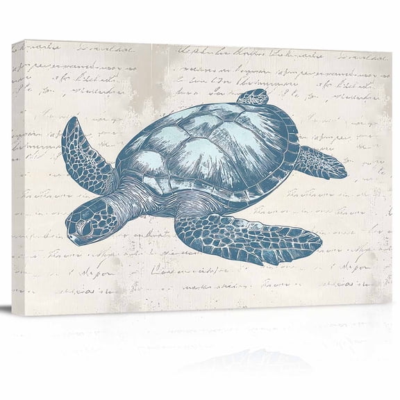 Teal Blue Turtle Canvas Print Wall Art Ocean Animal Vintage Beige Text Bottom Pictures Painting Morden Artwork for Living Room Bedroom, Ready to Hang - 12"x16"