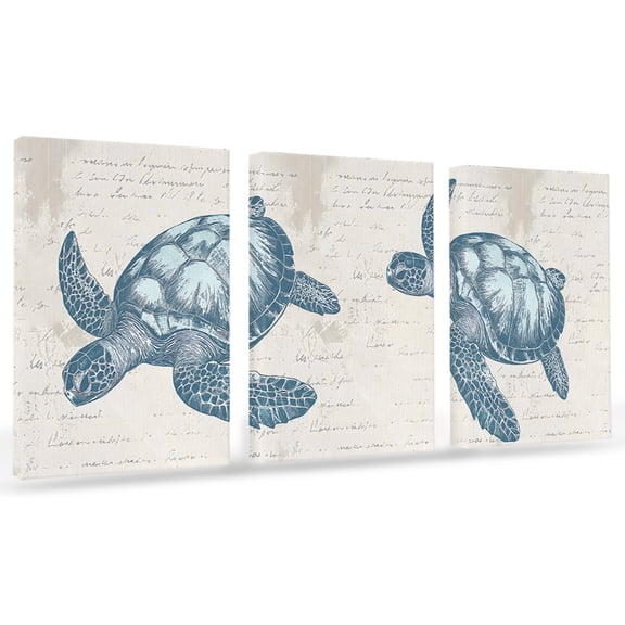 Teal Blue Turtle Canvas Wall Art 3 Panels, Ocean Animal Vintage Beige Text Bottom Framed Wall Decor Modern Artwork Prints Painting for Living Room, Bedroom, Kitchen & Cafe Decor 16" x 20"