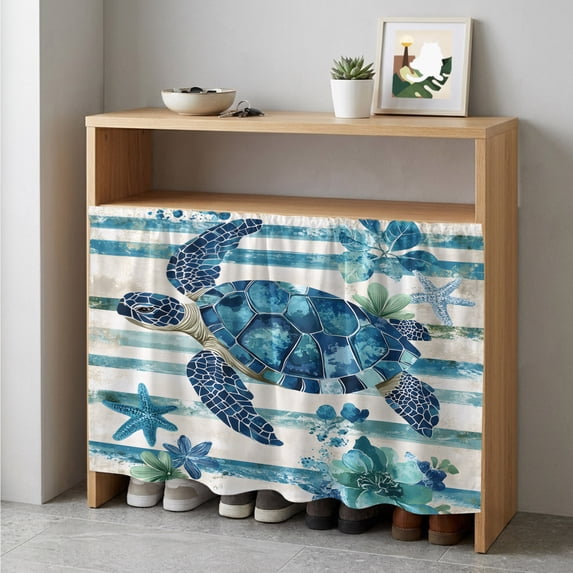 Teal Blue Turtle Coastal Cabinet Curtain 35"Wx35"L,Dustproof Under Sink Skirt W/ Self Adhesive Tape,Vintage Stripe Botanical Beach Cabinet Curtain Cover for Kitchen Sink,Bathroom Vanity,Laundry Room
