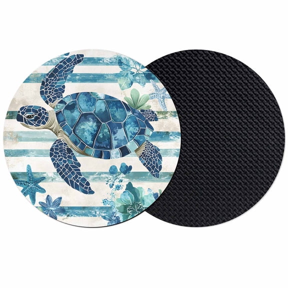 Teal Blue Turtle Coastal Coasters Set of 2, Vintage Stripe Botanical Beach Absorbent Coasters for Drinks, Coaster for Bar Office Dining Coffee Table Accessories Decor, Non Slip Round Desk Coaster