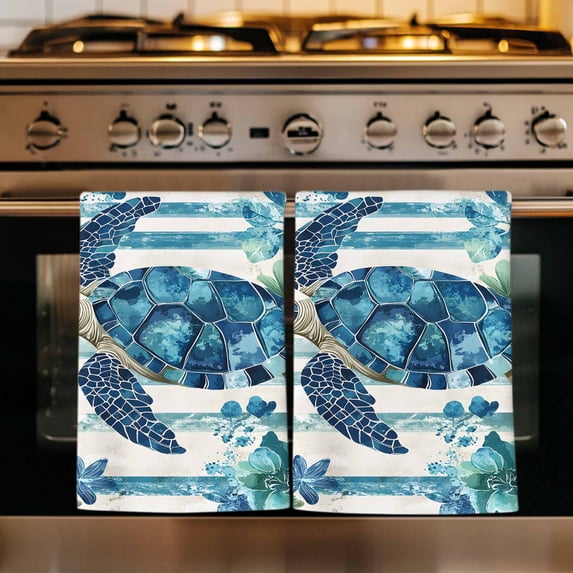 Teal Blue Turtle Coastal Kitchen Towels Set of 2, Vintage Stripe Botanical Beach Absorbent Dish Towels for Kitchen, Microfiber Hand Towel, Quick Drying Tea Towel for Cleaning Decorative Dishcloths