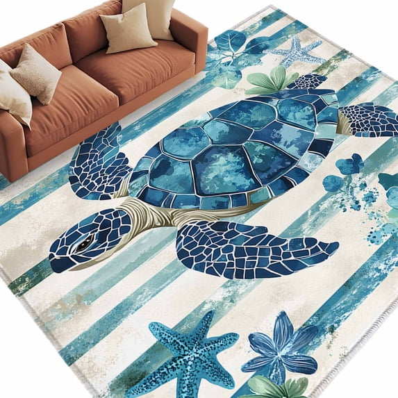 Teal Blue Turtle Coastal Large Area Rugs for Bedroom Living Room, Soft Non Slip Carpet Bedside Rug, Vintage Stripe Botanical Beach Rectangle Floor Cover Kitchen Accent Rug 6'x9' for Office