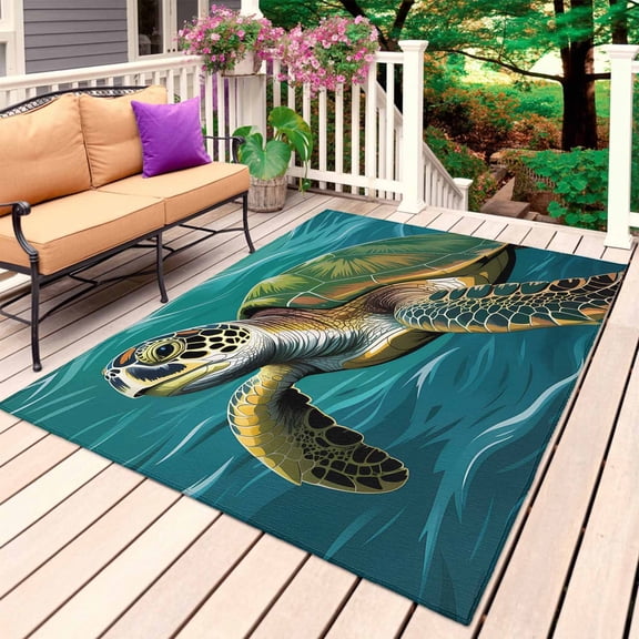 Teal Blue Turtle Coastal Outdoor Rug for Patio/Deck/Porch, Non-Slip Large Area Rug 3 x 5 Ft, Summer Beach Ocean Nautical Indoor Outdoor Rugs Washable Area Rugs, Reversible Camping Rug Carpet Runner