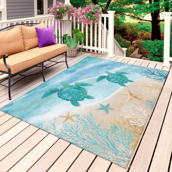 Teal Blue Turtle Coastal Outdoor Rug for Patio/Deck/Porch, Non-Slip Large Area Rug 3 x 5 Ft, Waves Seaside Summer Beach Ocean Indoor Outdoor Rugs Washable Area Rugs, Camping Rug Carpet Runner