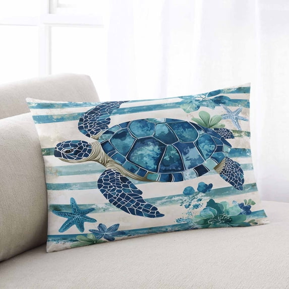 Teal Blue Turtle Coastal Queen Size Pillow Cover,Pillowcase Protectors with Zipper,Breathable Decorative Throw Pillow Case Cover,Vintage Stripe Botanical Beach Pillow Shams for Couch Sofa 20x30Inch
