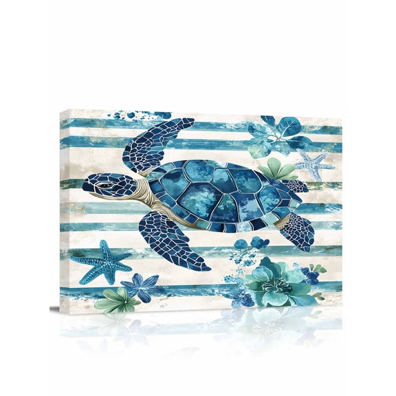Teal Blue Turtle Coastal Wall Art for Living Room,Canvas Picture Wall Decor for Bathroom Bedroom,Vintage Stripe Botanical Beach Painting Artwork for Office Kitchen Hallway Dining Room Decor 12"x16"