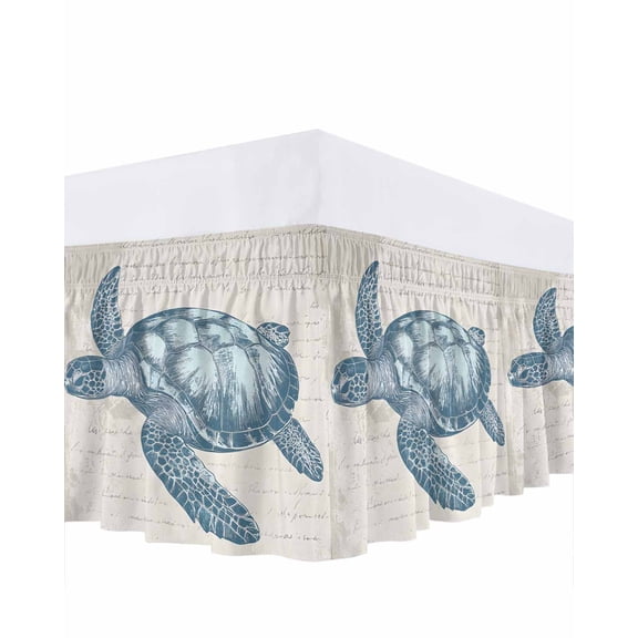 Teal Blue Turtle Ruffle Bed Skirt California King Size Ocean Animal Vintage Beige Text Bottom Adjustable Elastic Dust Bed Skirts Wrap Around Bedskirt Wrinkle Free Easy Fit with 18 Inch Drop