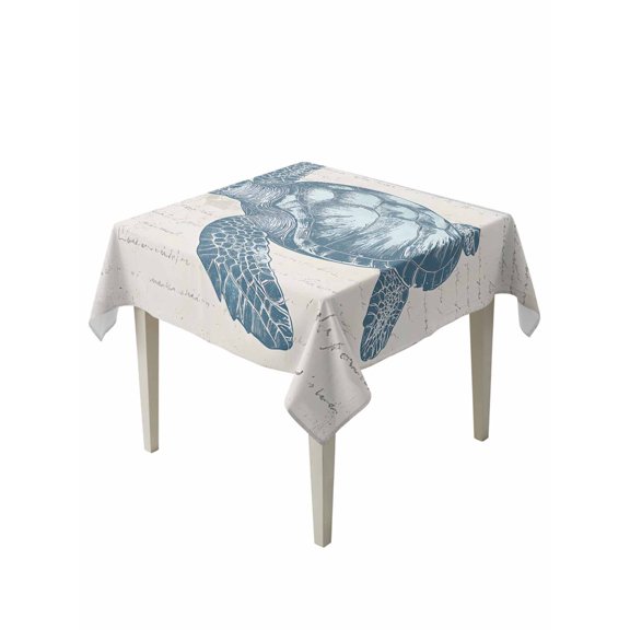 Teal Blue Turtle Table Cloth 54x54 Inch Square, Ocean Animal Vintage Beige Text Bottom Waterproof Tablecloth Washable Table Cover for Party Picnic Dinner Decor