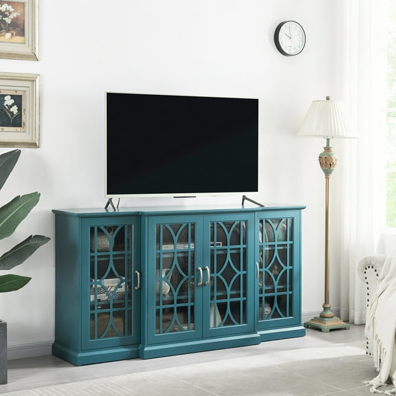 Teal Blue Tv Stand & Buffet Cabinet - , 4 Doors With Adjustable Shelves, Cable Management Slot, 63" Storage Doors, 6 Exquisite Door Design