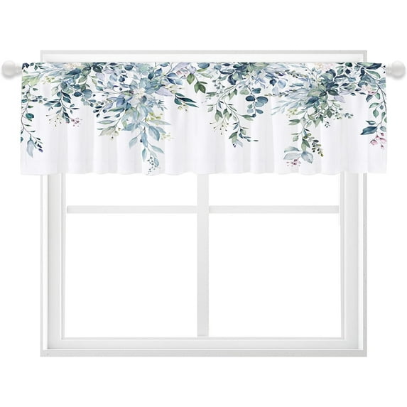 Teal Blue Valance Window Curtains Eucalyptus Leaves Rustic Farmhouse Botanical Plant Kitchen Curtain Boho Floral Flower Window Treatment Drapes for Bathroom Living Room 1 Panel (55x18 Inch)