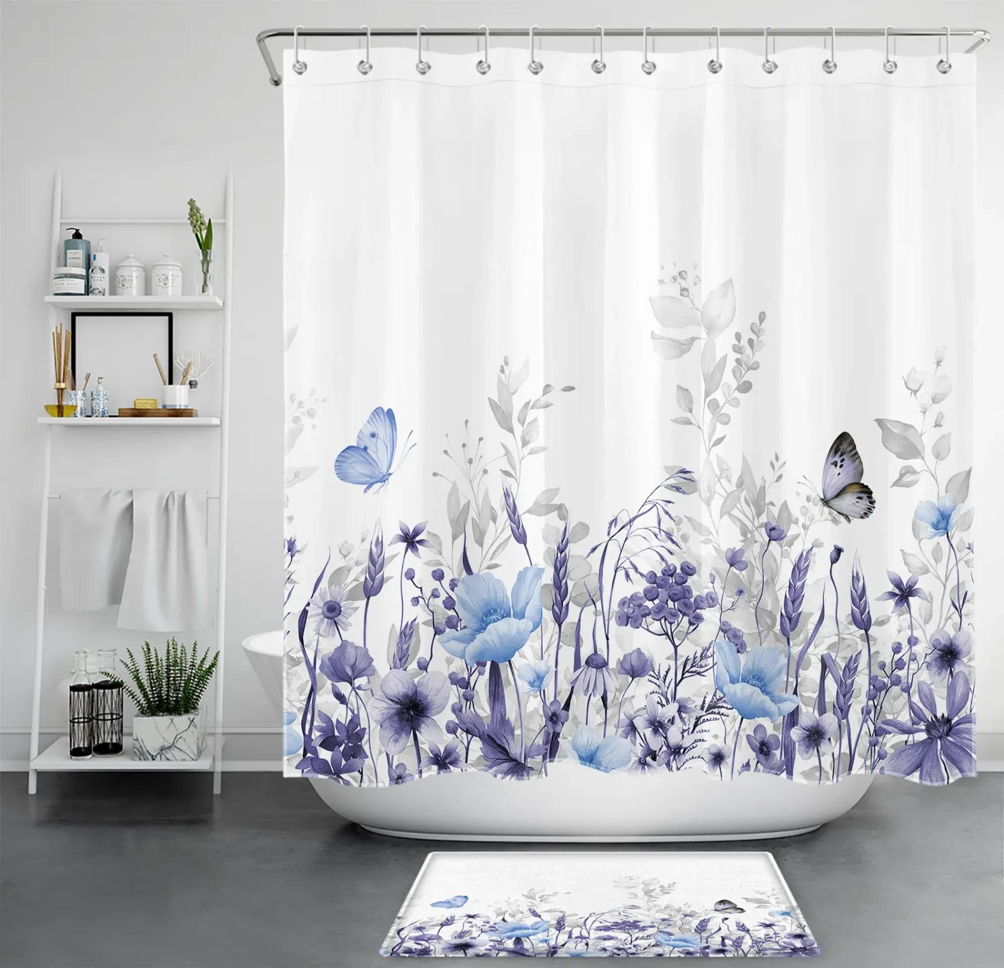 Teal Blue Vintage Floral Shower Curtain with Butterfly Accents for Chic
