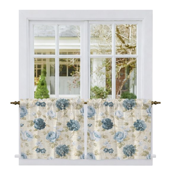 Teal Blue Vintage Floral Tier Curtains 36 Inch Length, Hydrangea Botanical Elegant Cafe Short Curtains for Bathroom Over Sink, Small Kitchen Curtain Light Filtering Tiered Drapes 2 Panels 27.5"Wx36"L