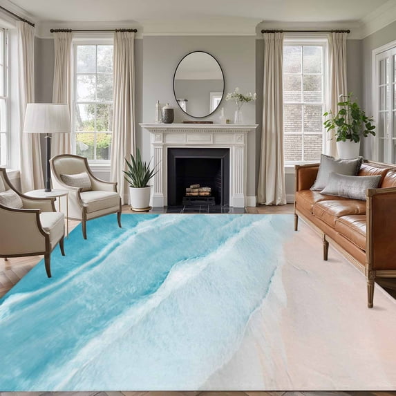 Teal Blue Washable Living Room Rugs 5'x7', Gradient Sea Waves Sandy Beach Coastal Scenery Low Pile Throw Large Area Rugs Non-Slip Sturdy Edge Binding Carpet for Dining Room Bedside Kitchen