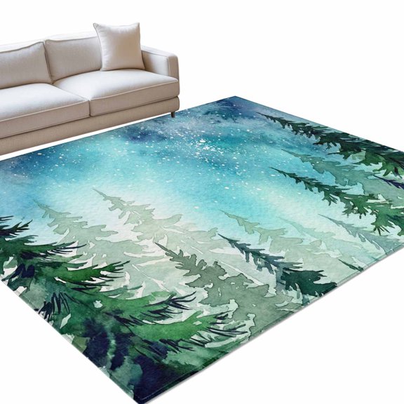 Teal Blue Washable Rug 3x5 Area Rug for Living Room Bedroom Non Slip Indoor Floor Rectangle Carpet Soft Low Pile Large Green Pine Trees Forest Entryway Rugs for Dining Room Office Home