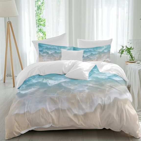Teal Blue Water Ripple Comforter Set Twin Size, Ocean Beach Summer Coastal Scenery Soft Bedding Set for Man Woman, 4 Pieces Duvet Cover Set with Fitted Sheet, 2 Pillowcases