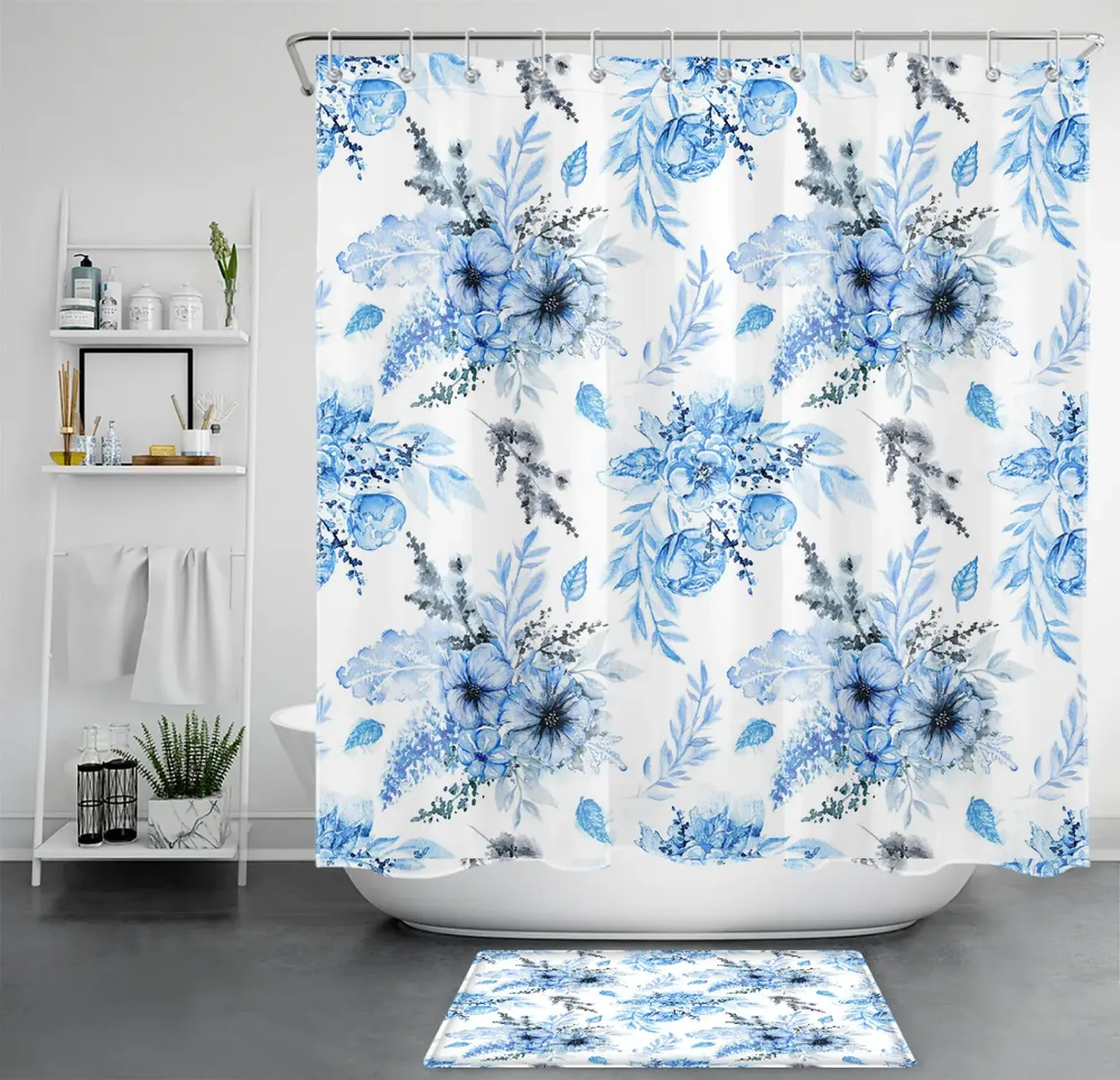 Teal Blue Watercolor Floral Shower Curtain Set for Elegant Bathroom