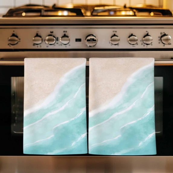 Teal Blue Waves Coastal Kitchen Towels Set of 4, Summer Beach Ocean Seaside Absorbent Dish Towels for Kitchen, Microfiber Hand Towel, Quick Drying Tea Towel for Cleaning Decorative Dishcloths