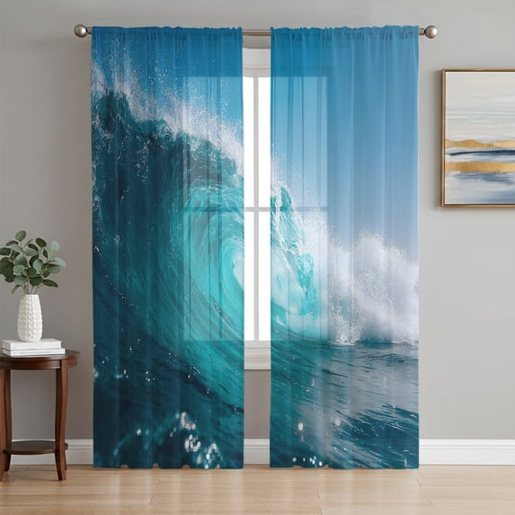 Teal Blue Waves Sheer Curtains 63 Inch Length 2 Panels Set, Summer Coastal Nautical Ocean Sea Voile Window Treatment Rod Pocket Curtains Sheers Drapes for Bedroom/Living Room/Kitchen 52x"63"x2