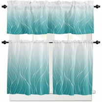 Teal Blue White Ombre Kitchen Curtains and Valances Set, Rod Pocket Curtains Tier Farmhouse Window Curtains 36 Inch Length, Abstract Line Texture Minimalism Gradient 3 Piece Kitchen Curtains Set