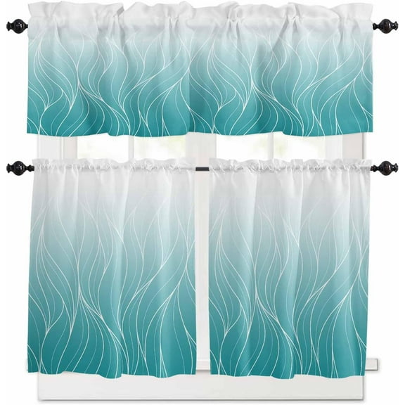 Teal Blue White Ombre Kitchen Curtains and Valances Set, Rod Pocket Curtains Tier Farmhouse Window Curtains 36 Inch Length, Abstract Line Texture Minimalism Gradient 3 Piece Kitchen Curtains Set