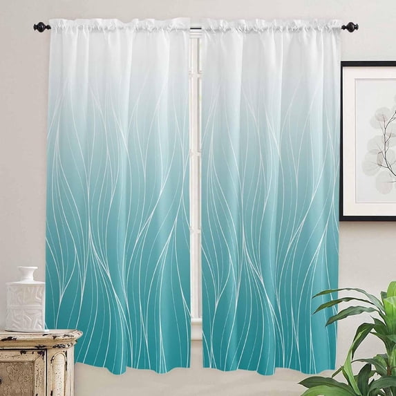 Teal Blue White Ombre Window Curtains 84 Inch Length, Modern Abstract Art Striped Rod Pocket Window Treatment Kitchen Drapes for Bedroom, Cafe, Living Room, 2 Panels, 52 W x 84 L