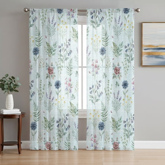 Teal Blue Wildflowers Sheer Curtains 96 Inch Length 2 Panels Set, Farmhouse Summer Botanical Voile Window Treatment Semi Sheer Long Curtains Drapes for Bedroom/Living Room/Kitchen 52"x96"x2