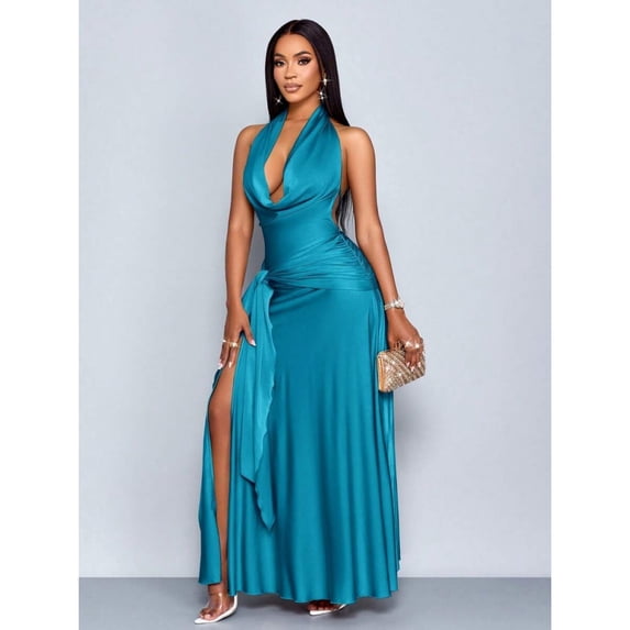 Teal Blue Womens Elegant Plunging Cowl Neck Tie-Front High Slit Maxi Dress For Party Cocktail Wedding Bridesmaid