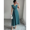 thumbnail image 1 of Teal Blue Womens V-Neck Ruched Waist Pleated Maxi Dress With Drop Shoulder Sleeve, 1 of 6