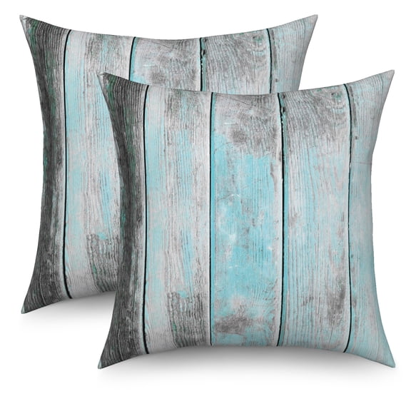 Teal Blue Wooden Grain Throw Pillow Covers Set of 2 18"x18" Inch Farmhosue Country Decorative Pillow Cases for Couch Sofa Bed Home Decor