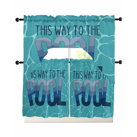 Teal Blue Words Kitchen Curtains Sets 36 Inch Length with Valance, This Way to The Pool Swag Valances and Tiers Curtain Set Drapes Swag Curtains for Living Room, Bathroom, Bedroom, Cafe