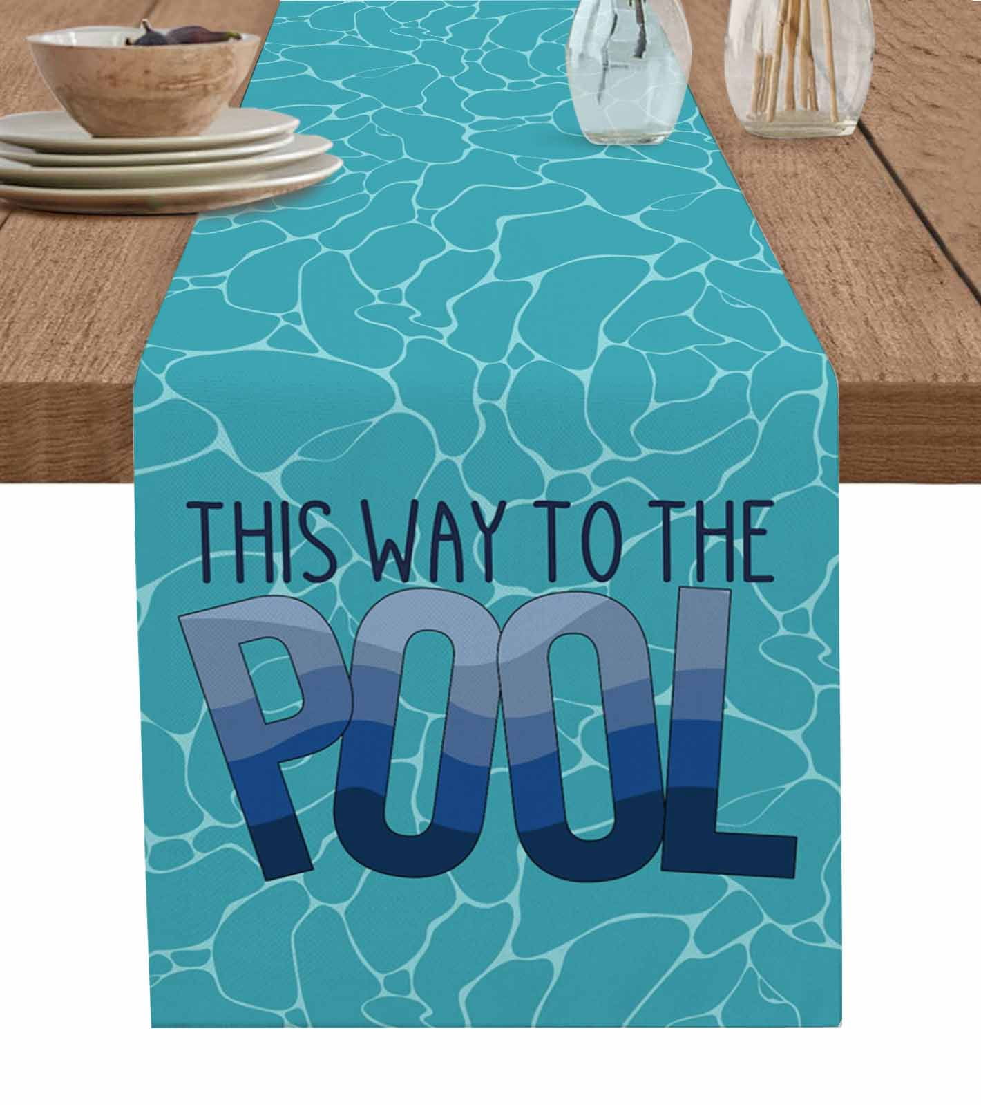 Teal blue words table runner this way to the pool tablerunners 18 x 72