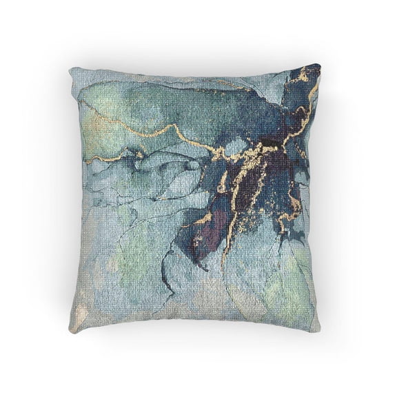 Teal Blue and Gold Fluid Marbling Decorative Woven Pillow, Cotton-Polyester Shell, Abstract Home Accent