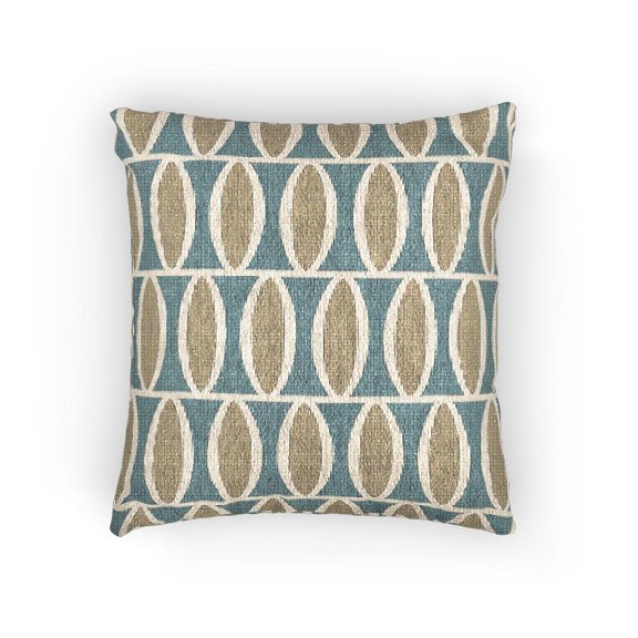 Teal Blue and Tan Repeating Oval Geometric Decorative Woven Pillow, Cotton-Polyester Shell