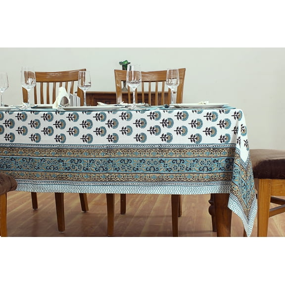 Teal Blue and White Hand Block Print Cotton Cloth Dinning Table Cover Wedding Farmhouse Thanks Giving Christmas Spring Tablecloth 60x90 Inches