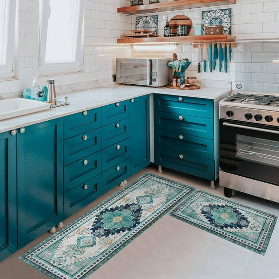 Teal Bohemian Boho Kitchen Mats for Floor, Green Blue Turquoise Kitchen Rugs Set of 2 Carpet Area Rug, Retro Vintage Farmhouse Boho Kitchen Decor and Accessories Stuff, 17x30 and 17x47 Inch
