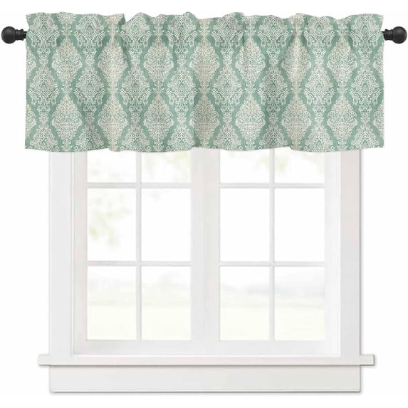 Teal Bohemian Kitchen Curtain Valances for Windows Farmhouse Short Curtains, Mandala Floral Ethnic Tribal European Prints Rod Pocket Valance Curtain for Bedroom Cafe Living Room 54"x18"