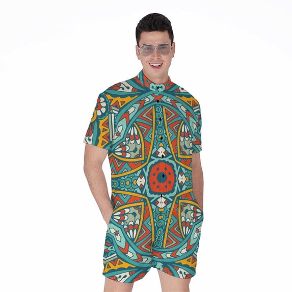 Teal Bohemian Mandala Pattern Short Sleeve Men'S Rompers Casual Summer Jumpsuits Outfit