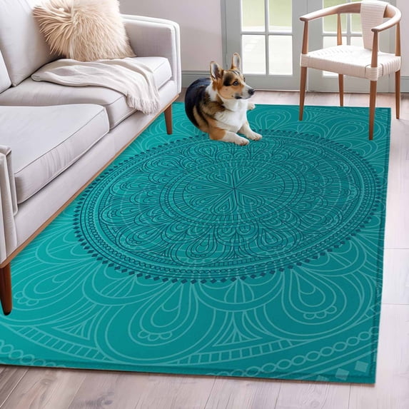 Teal Boho Area Rug 4x6 FT, Non Slip Kids Room Carpet, Farmhouse Abstract Geometric Aesthetic Art Washable Soft Floor Carpet Non-Shedding Throw Rug for Dorm Kitchen Study Room Home Office Bedside
