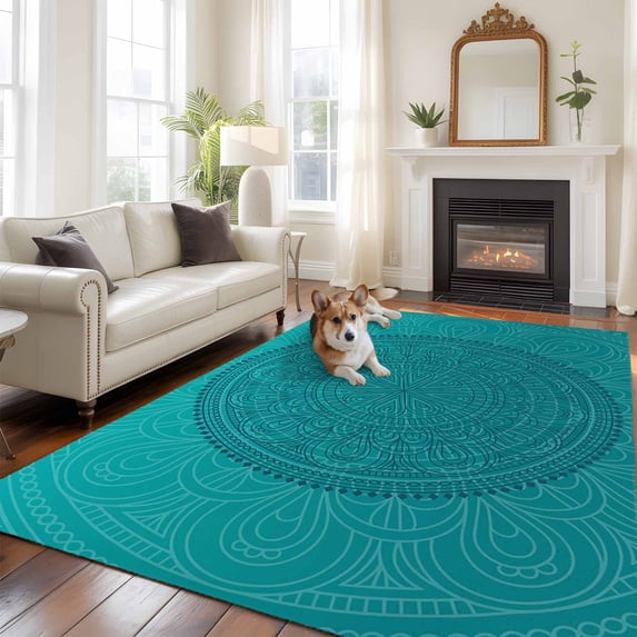Teal Boho Area Rug 5x8 FT, Non Slip Bedroom Throw Carpet, Farmhouse Abstract Geometric Aesthetic Art Washable Soft Floor Carpet Non-Shedding Rug for Living Room Nursery Dorm Office