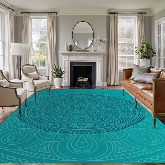 Teal Boho Area Rug 6x9 FT, Non Slip Living Room Throw Carpet, Farmhouse Abstract Geometric Aesthetic Art Washable Soft Large Floor Carpet Non-Shedding Rug for Bedroom Dining Room Play Room