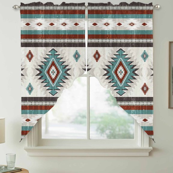 Teal Boho Aztec Swag Valances for Windows, Southwest Tribal Geometric Rod Pocket Short Curtains, Machine Washable Kitchen Window Topper for Bathroom Living Room, 28 x 36 Inch, 1 Pair