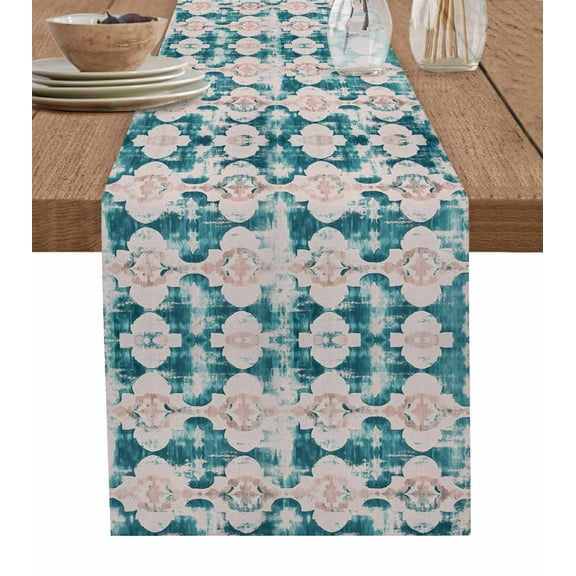 Teal Boho Burlap Cotton Table Runner 14x72 Inches Long, Farmhouse Retro Ethnic Turkish Pattern Motifs Farmhouse Table Runners, Outdoor Dining Tablecloths Decor for Baby Shower/Party/Wedding