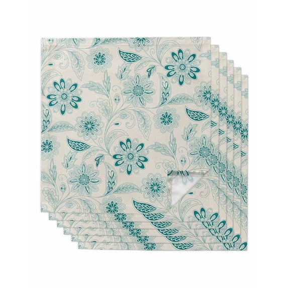 Teal Boho Cloth Napkins Set of 6 Reusable Dinner Napkins, Vintage Pattern Ethnic Flower Tribal Leaf Cocktail Napkin Washable Table Napkins for Wedding/Holiday Party/Baby Shower 20"x20"