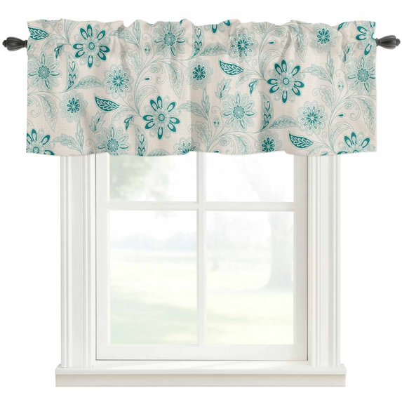 Teal Boho Farmhouse Short Window Curtain Valances, Vintage Pattern Ethnic Flower Tribal Leaf Rod Pocket Kitchen Valances for Living Room Bedroom Bathroom Cafe 42" x 18"