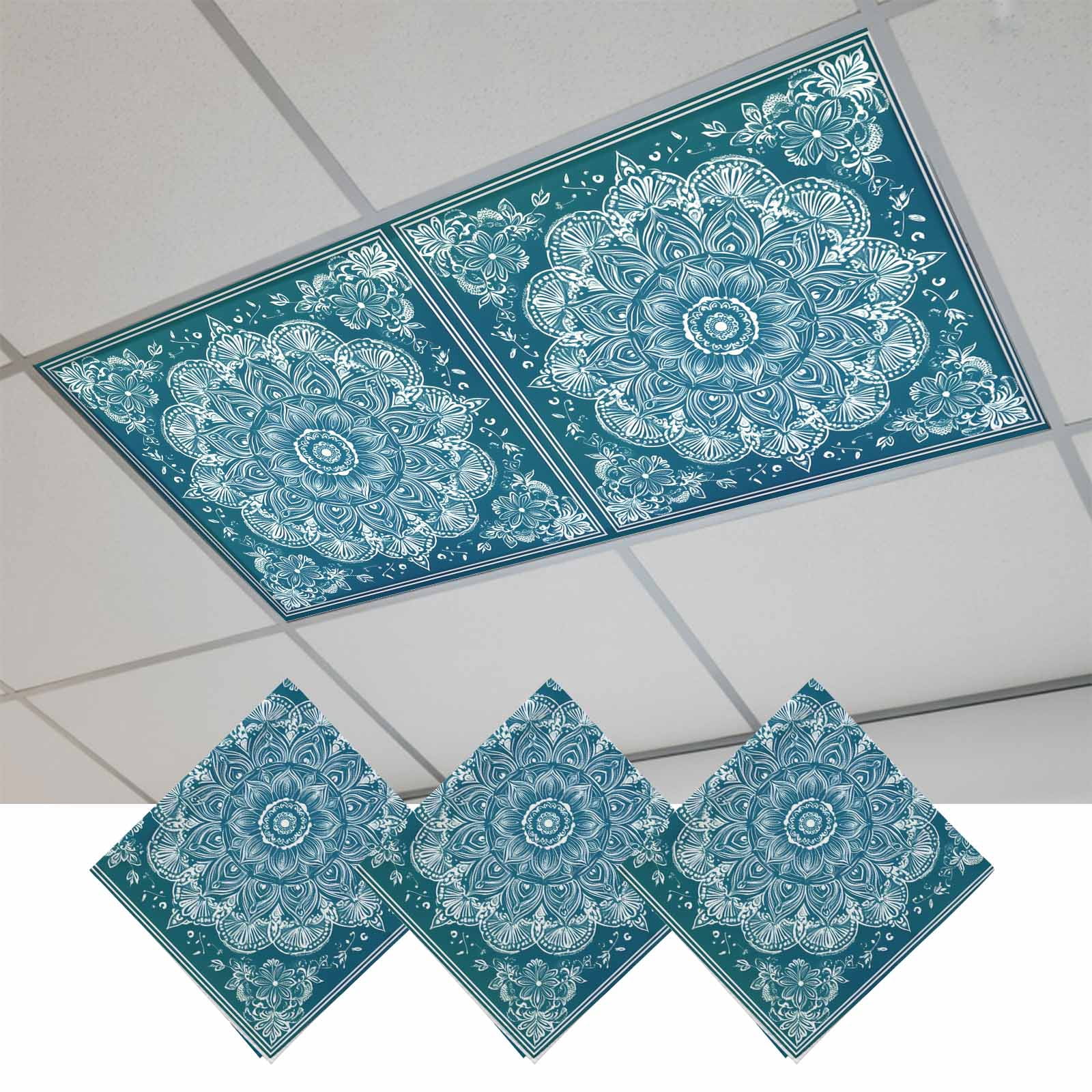 Teal Boho Floral Magnetic Fluorescent Light Covers for Ceiling Lights