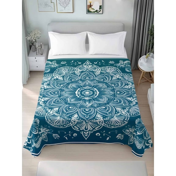 Teal Boho Floral Queen Size Flat Sheet, Wrinkleproof & Fadeproof Cooling Flat Bed Sheet Only, Farmhouse Ethnic Tribal Abstract Art Breathable Soft Bedding Top Sheets 90 x 102 Inches