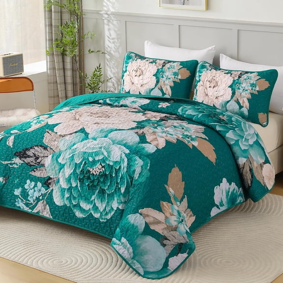 Teal Boho Floral Quilt Set King, 3 Pieces Elegant Flower Bedspread Coverlet Set for All Season with 2 Pillow Shams, Farmhouse Lightweight Reversible Bedding Set 104"X90"
