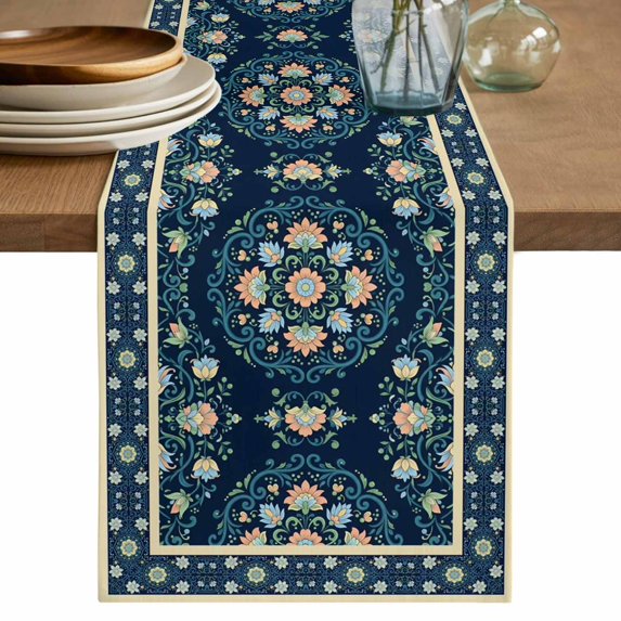 Teal Boho Floral Table Runner 108 Inches Long,Ethnic Tribe Farmhouse Artwork Cotton Linen Table Runners Dresser Scarves,Decorative Fabric Tabletop Scarf Furniture Cover for Home Dinner Party 13"x108"
