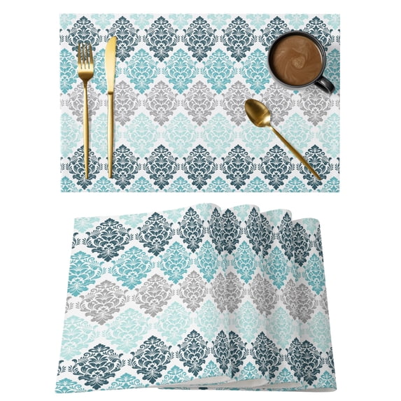 Teal Boho Flowers Placemats Set of 8 Modern Luxurious Ombre Geometric Floral Place Mats Indoor Wipeable Table Mats Washable Dining Table Placemats for Kitchen Holiday Party Home Decor 13x19 Inch