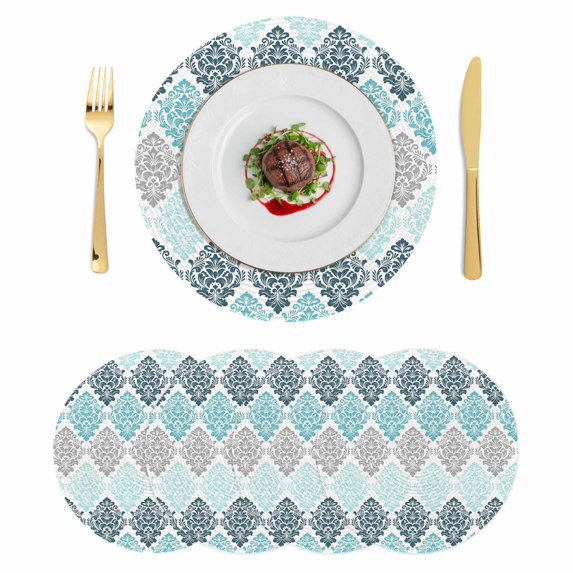 Teal Boho Flowers Round 13 Inch Placemats Set of 4, Modern Luxurious Ombre Geometric Floral HeatResistant Non Slip Place Mats for Dining Table, Wipeable Braided Kitchen Table Mats for Housewarming